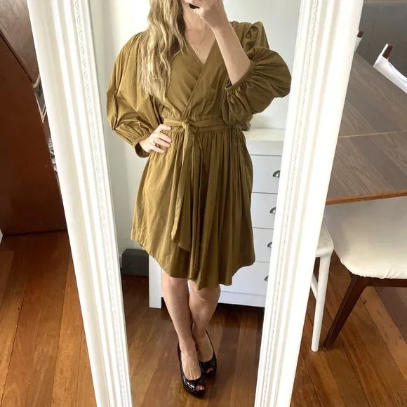 YAS Medium 10 Mustard Long Sleeve Dress RRP $129 Balloon Knee Length Ermi Cotton - Picture 2 of 12